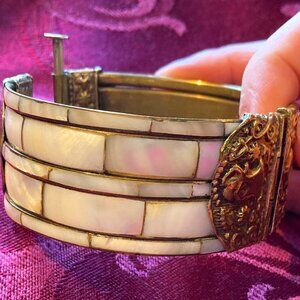 Vintage Mother-of-Pearl and Brass Hinged Bracelet